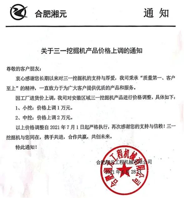 關(guān)于三一挖機價格上調(diào)的通知